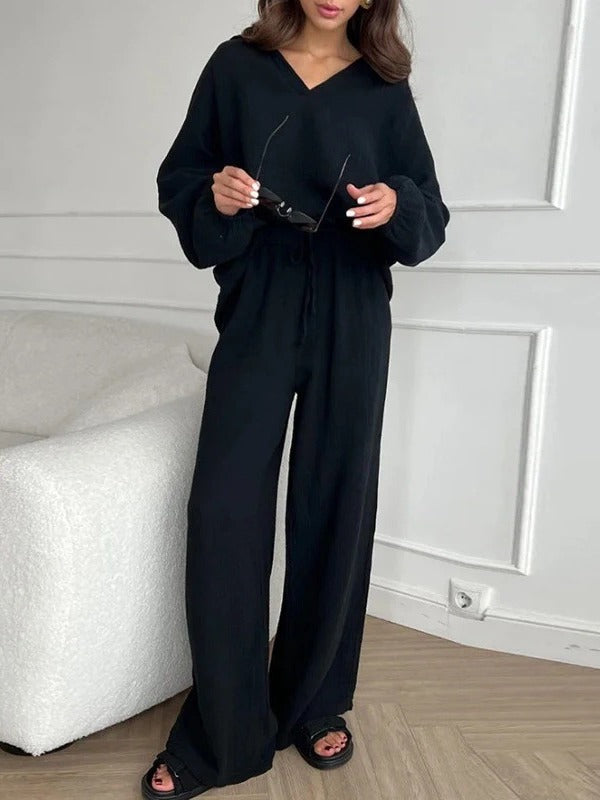 NTG Fad Black / S Casual loose long-sleeved lapel top + drawstring trousers two-piece set
