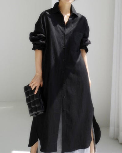 NTG Fad Black / S Casual Solid Color Shirt Cotton Linen Slit Dress