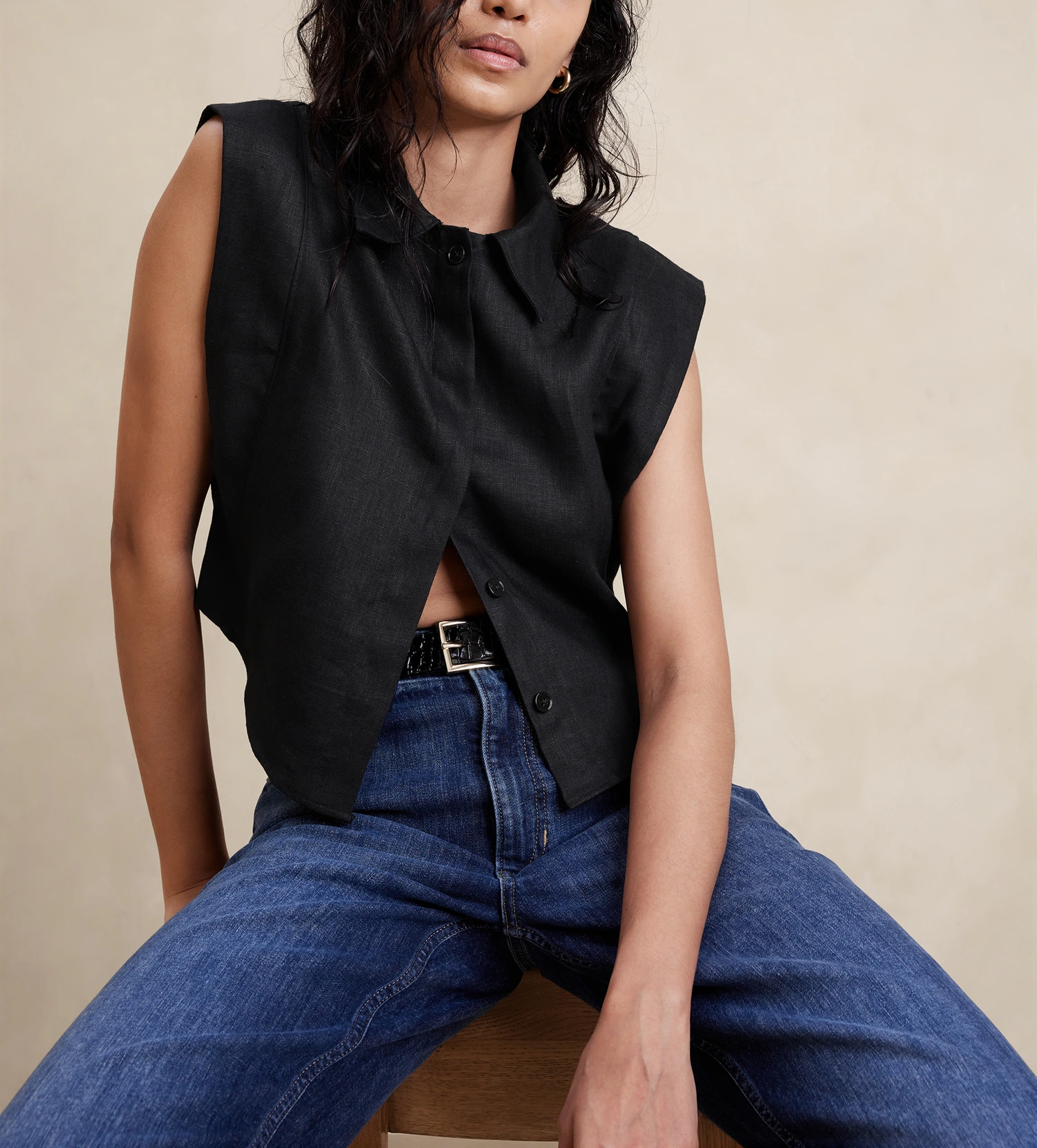 NTG Fad Black / S Cotton Linen Cropped Shirt