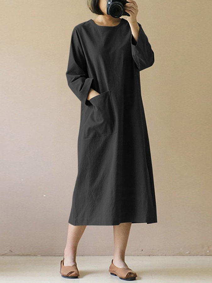 NTG Fad Black / S Cotton Linen V-Neck Pocket Dress