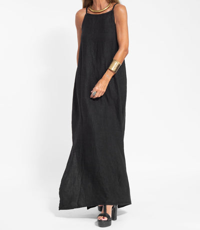 NTG Fad Black / S Elegant Solid Color Cotton Linen Sleeveless Long Dress