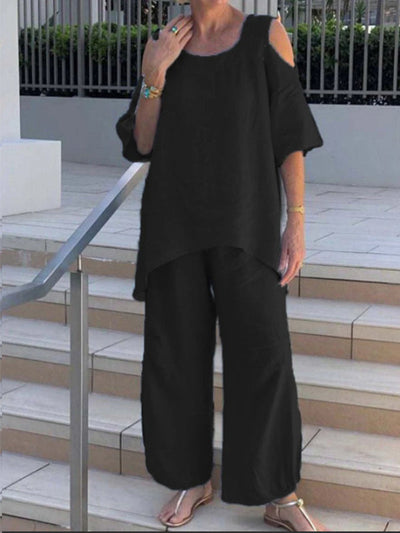 NTG Fad Black / S Fashion Round Neck Cotton Linen Short Sleeve Pants Set