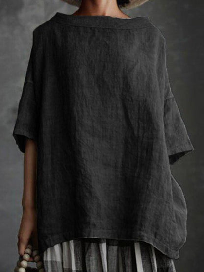 NTG Fad Black / S Ladies Cotton Linen Round Collar Loose Casual Shirt