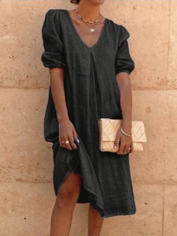 NTG Fad Black / S Ladies Cotton Linen Solid Color Fashion Casual Dress