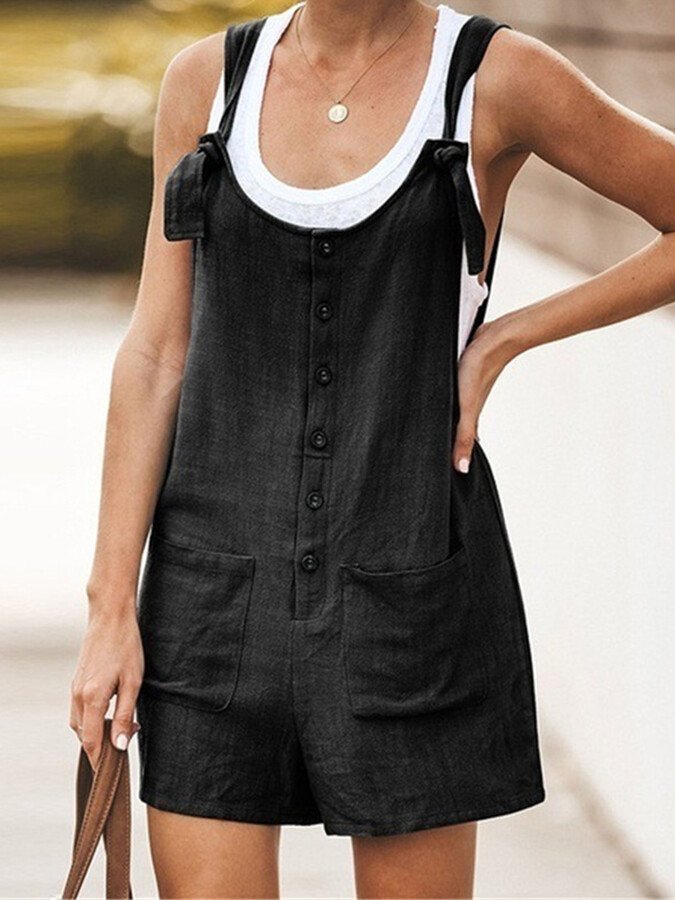 NTG Fad Black / S Ladies Spring/Summer Solid Color Round Neck Button Loose Short Jumpsuit