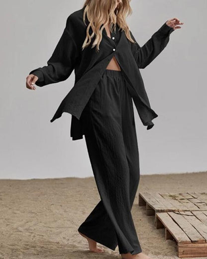 NTG Fad Black / S Linen Solid Slit Cardigan and Wide-Leg Pant Suits
