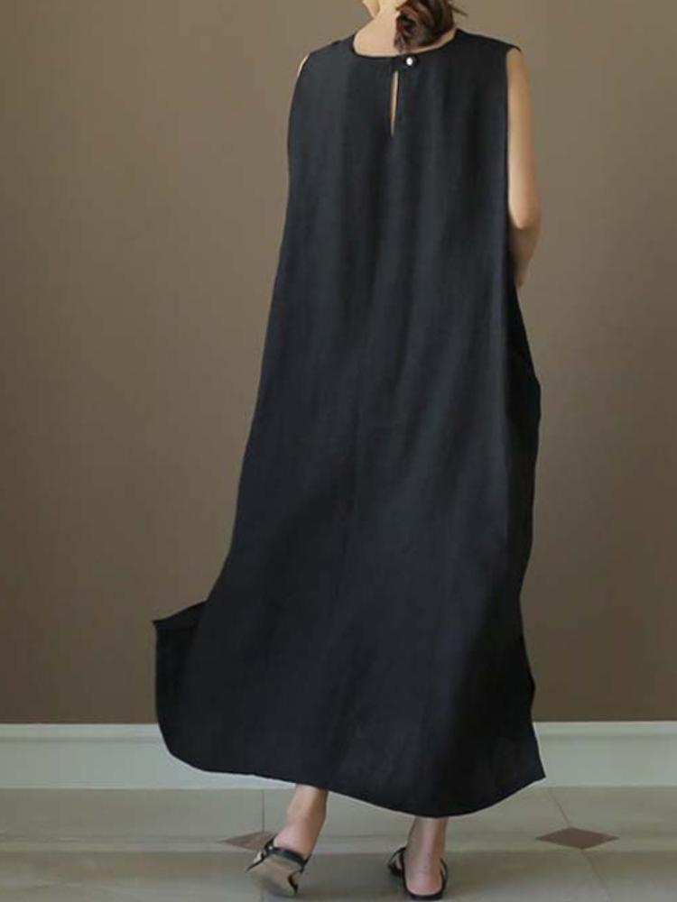NTG Fad Black / S Loose Cotton And Linen Round Neck Sleeveless Maxi Dress