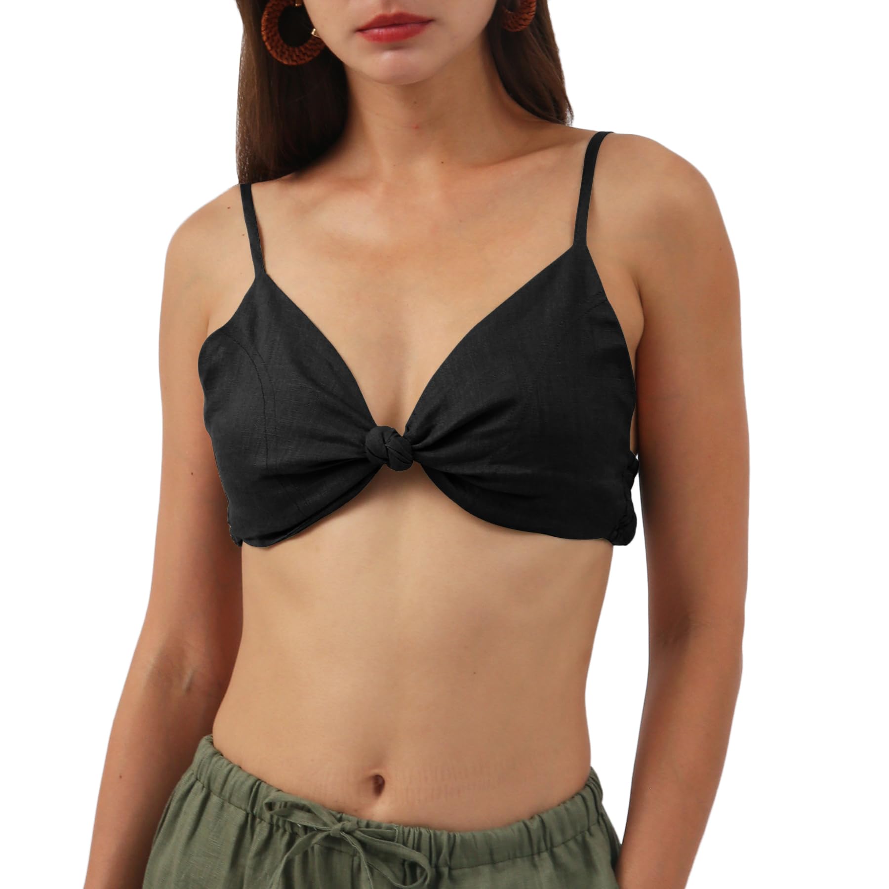 NTG Fad Black / S Pure Linen Front Knot V Neck Bikini Tops Casual Crop Cami