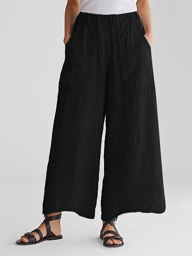 NTG Fad Black / S Solid Color Cotton Linen Pocket Wide Leg Pants