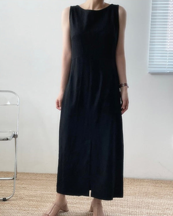 NTG Fad Black / S Solid Color Simple Round Neck Sleeveless Cotton Linen Dress