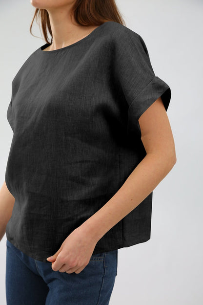 NTG Fad Black / S US women's letter 100% Linen Short Sleeve Top