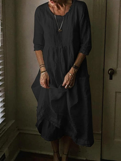 NTG Fad Black / S Women's Casual Round Neck Linen Solid Long Dress
