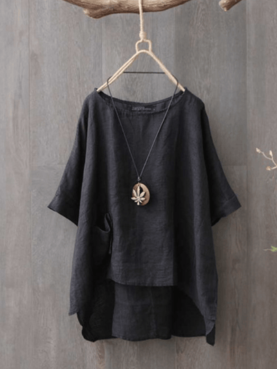 NTG Fad Black / S Women's Cotton and Linen Round Neck Pocket Solid Color Irregular T-Shirt