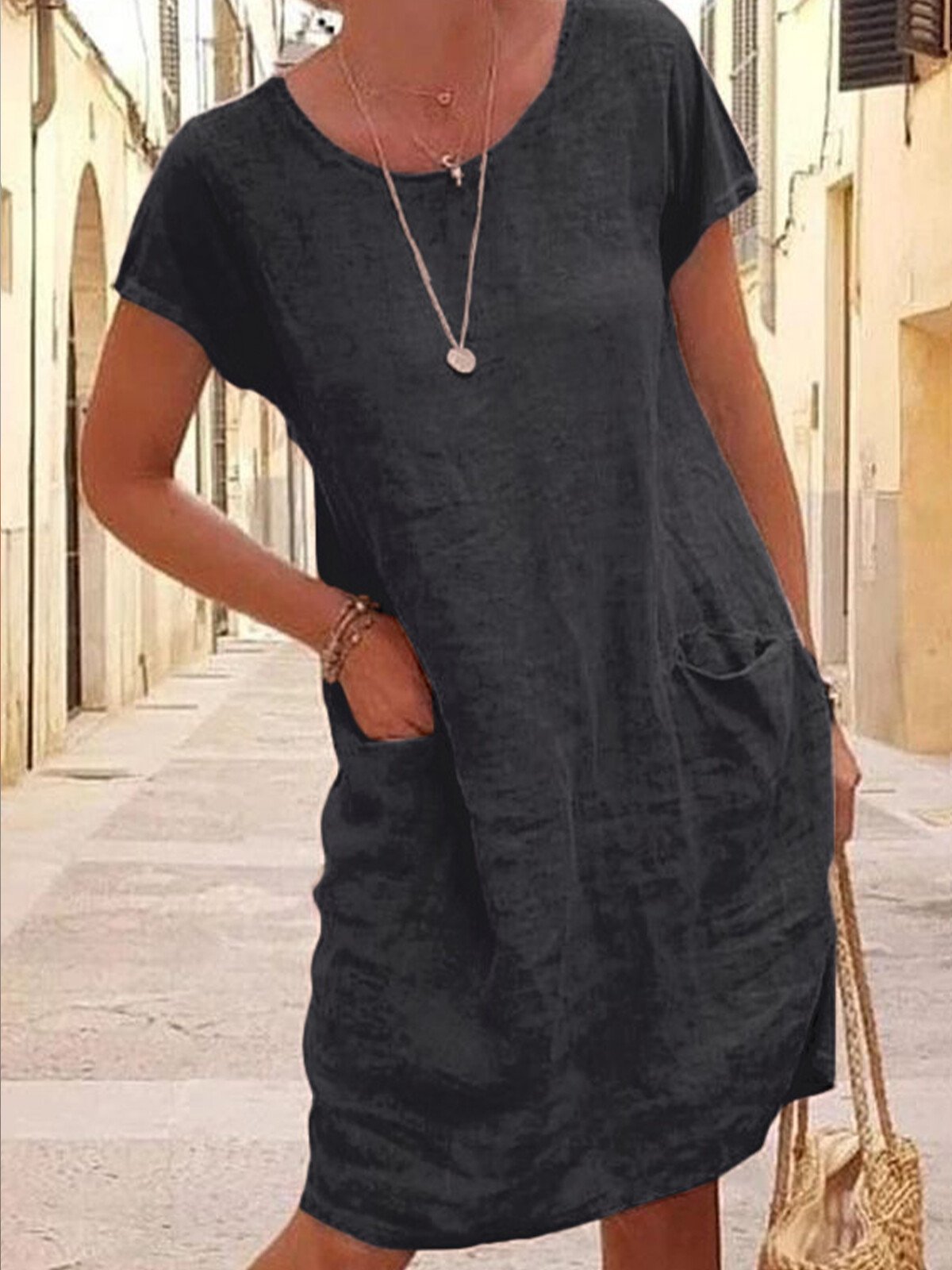 NTG Fad Black / S Women's Loose Round Neck Cotton Short Dress