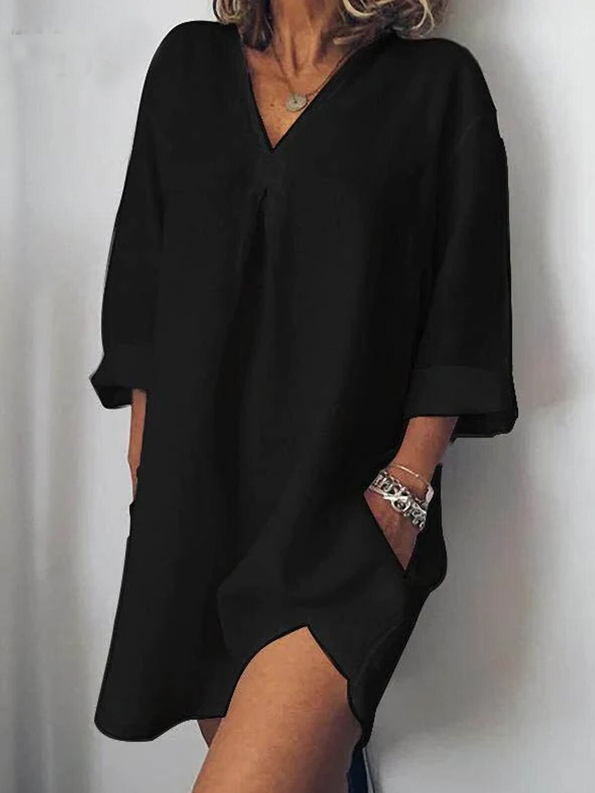 NTG Fad Black / S Women's Pure Color V-Neck Linen Dress