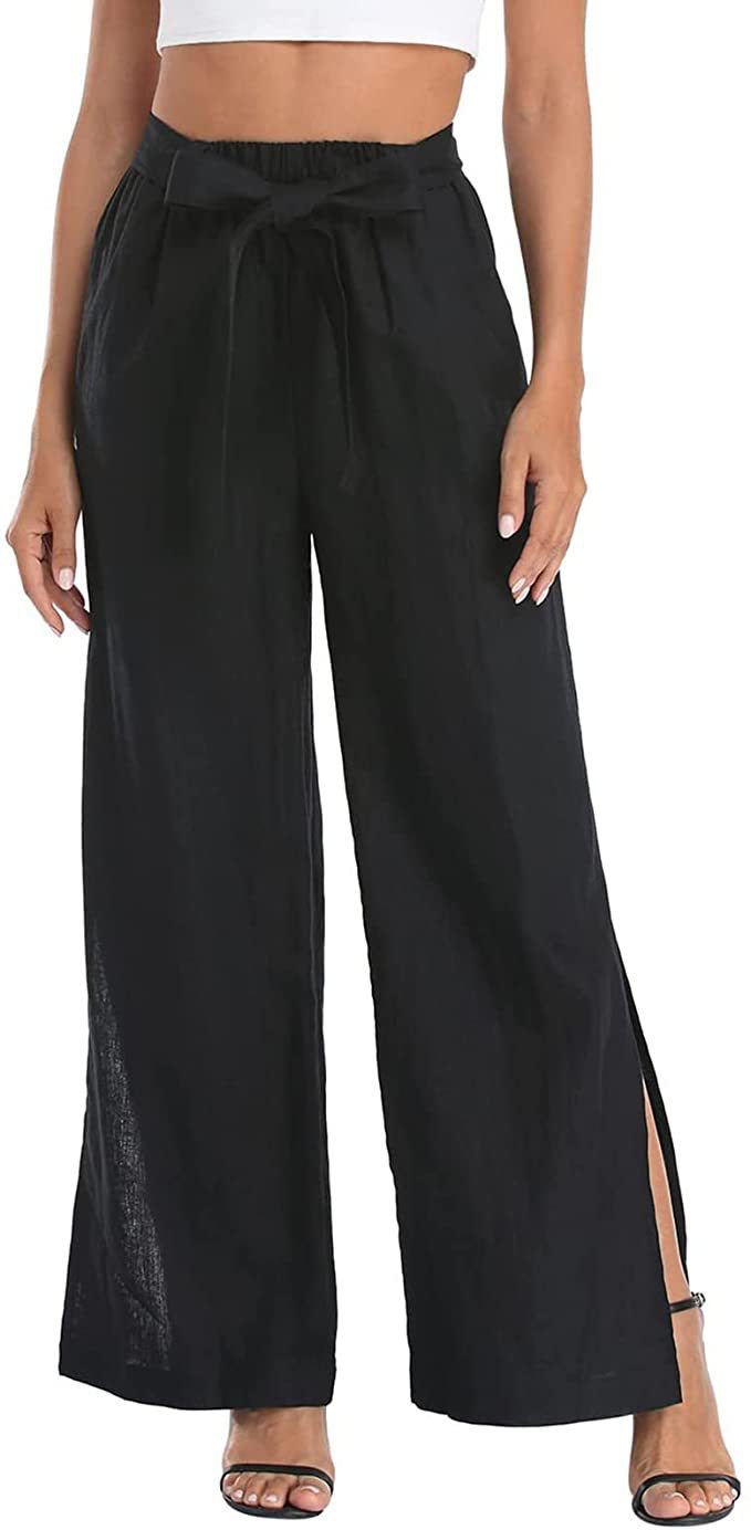 NTG Fad Black / S Women's Resort Style Solid Color Bow Knot Split Cotton Linen Wide Leg Pants