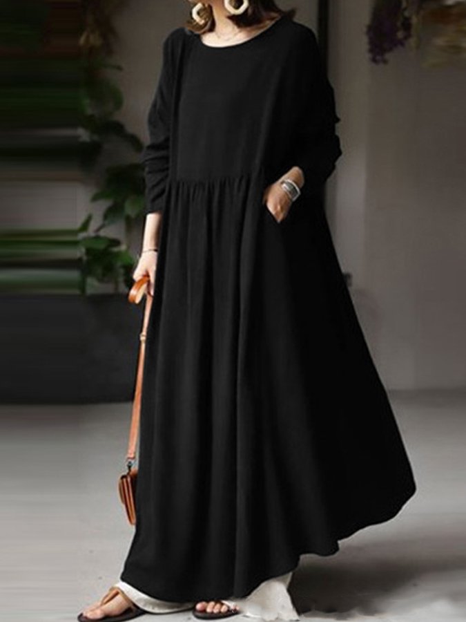 NTG Fad Black / S Women's Round Neck Long Sleeve Cotton Linen Dress