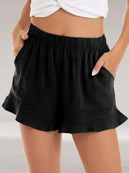 NTG Fad Black / S Women's Ruffled Breathable Cotton Linen Mid Waist Casual Shorts