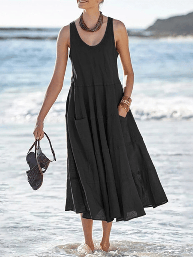 NTG Fad Black / S Women's Solid Color Elegant Cotton Linen Dress