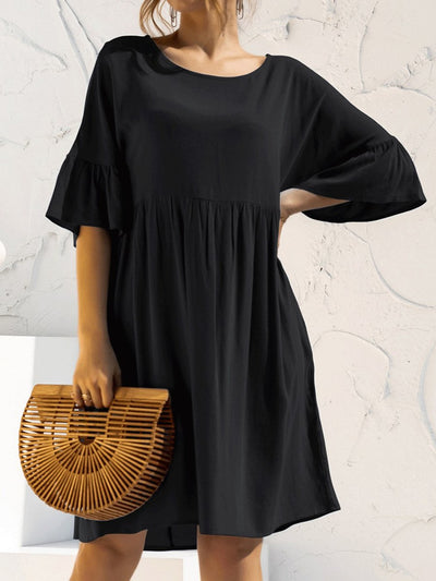 NTG Fad Black / S Women's Solid Color Flared Sleeve Pleated Cotton Linen Dress