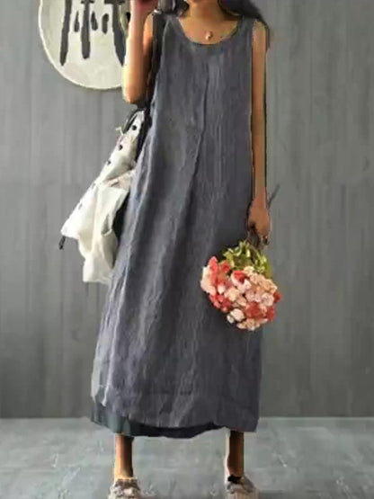 NTG Fad Black / S Women's Solid Color Round Neck Loose Sleeveless Cotton Linen Dress
