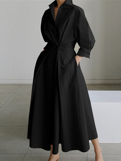 NTG Fad Black / S Women's Solid Pocket Button Lapel Long Sleeve Maxi Shirt Casual Dress