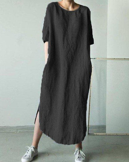 NTG Fad Black / US6 Solid Short Sleeve Straight Slit Linen Dresses