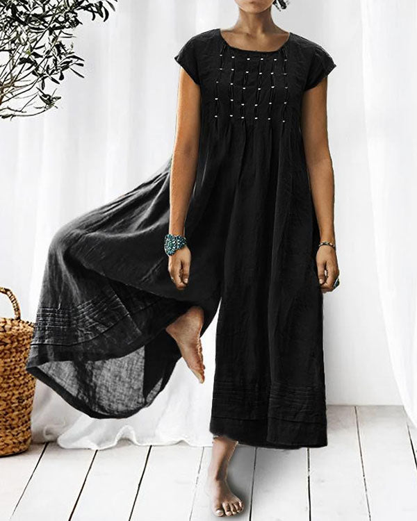 NTG Fad Black / XS Solid Relaxed Loose Pleated Linen Jumpsuit