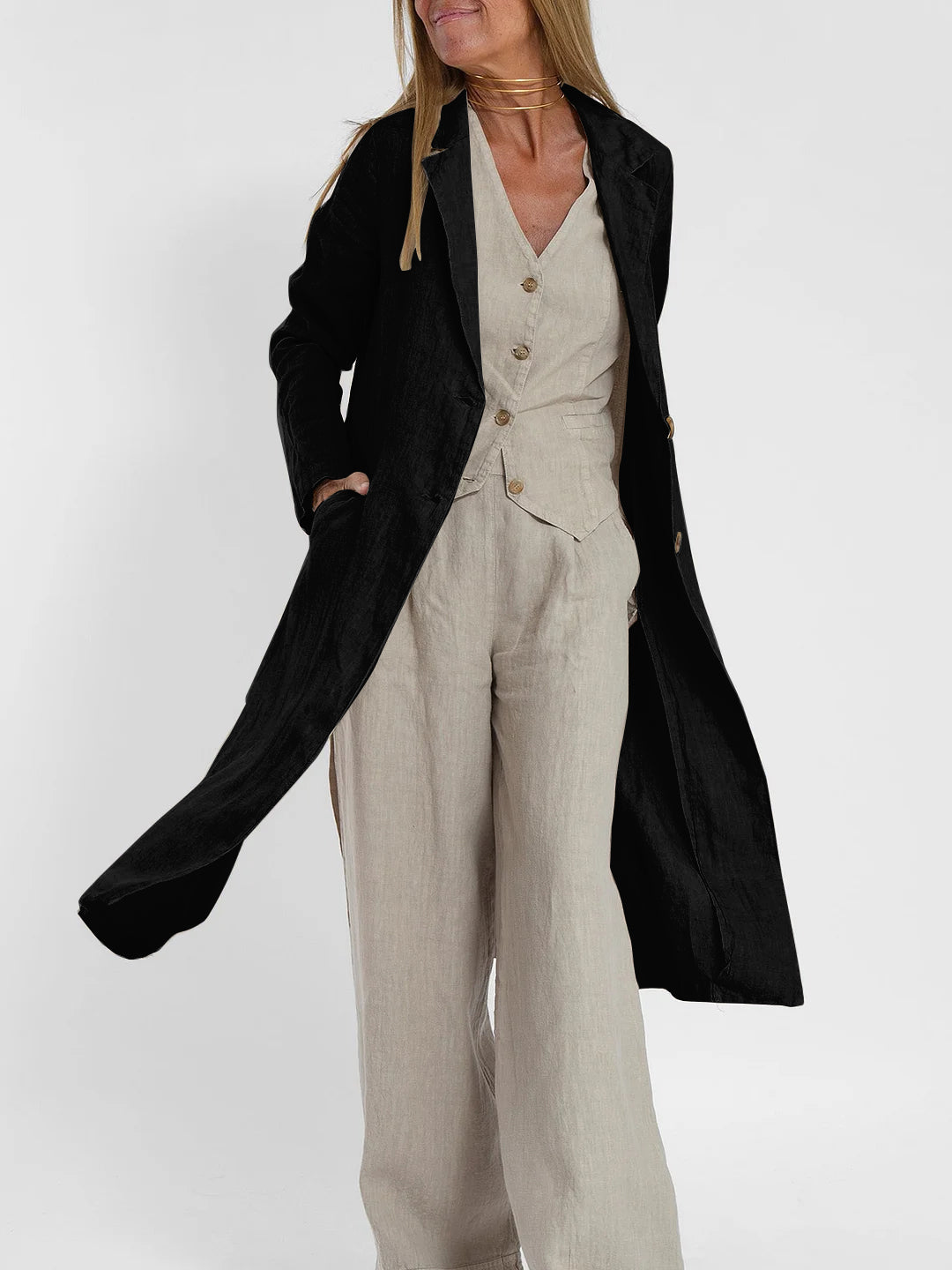 NTG Fad Blazers & Jackets Black / S Cotton Linen Suit Collar Pocket Jacket