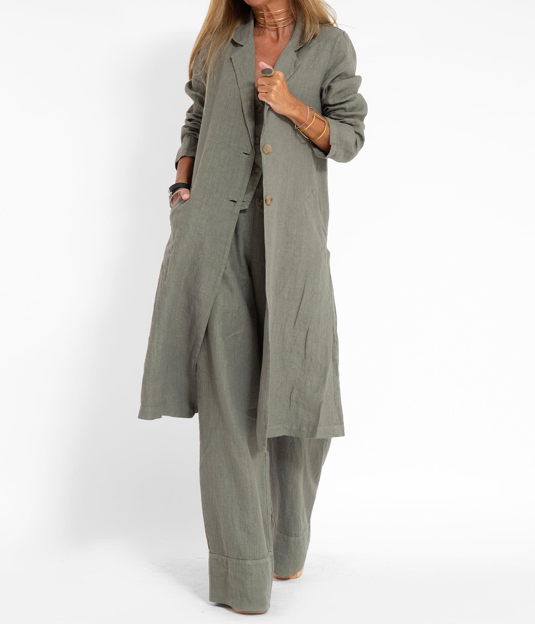 NTG Fad Blazers & Jackets Gray Green / S Cotton Linen Suit Collar Pocket Jacket