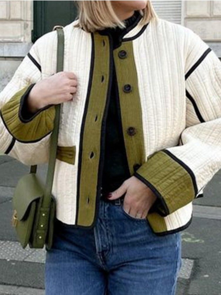 NTG Fad Blazers & Jackets Green / S Vintage Printed Crew Neck Long Sleeve Colorblock Quilted Jacket