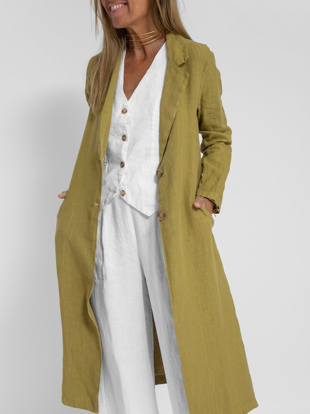 NTG Fad Blazers & Jackets Olive Green / S Cotton Linen Suit Collar Pocket Jacket