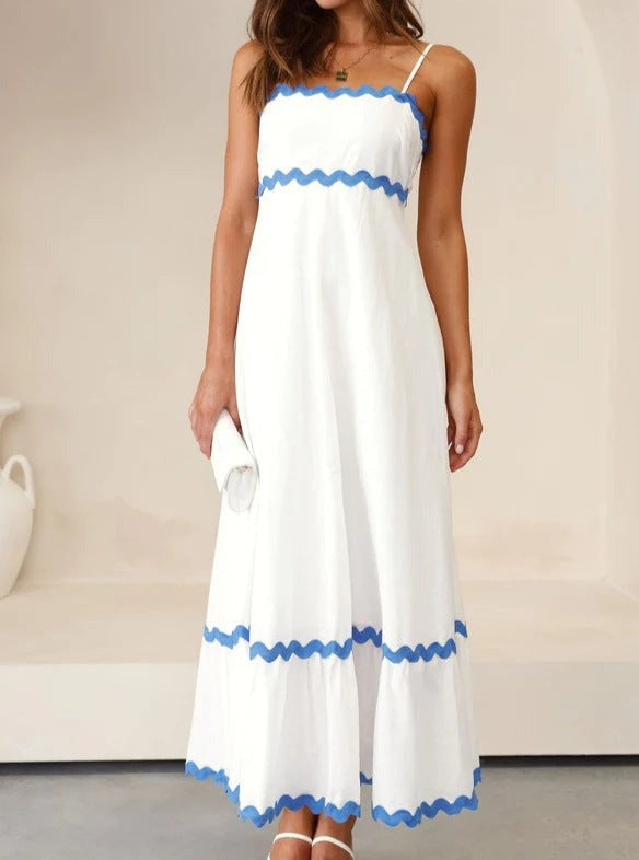 NTG Fad Blue edge + Pure white / S Solid color lace splicing suspender strapless full skirt dress