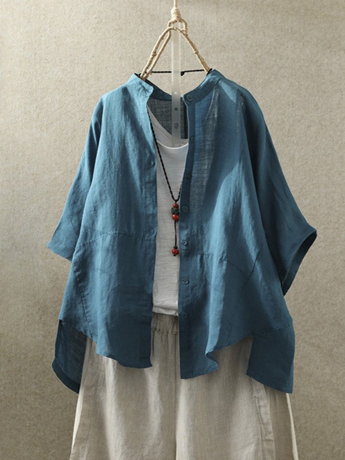 NTG Fad Blue / One-Size Women's Casual Loose Cotton And Linen Button Shirt