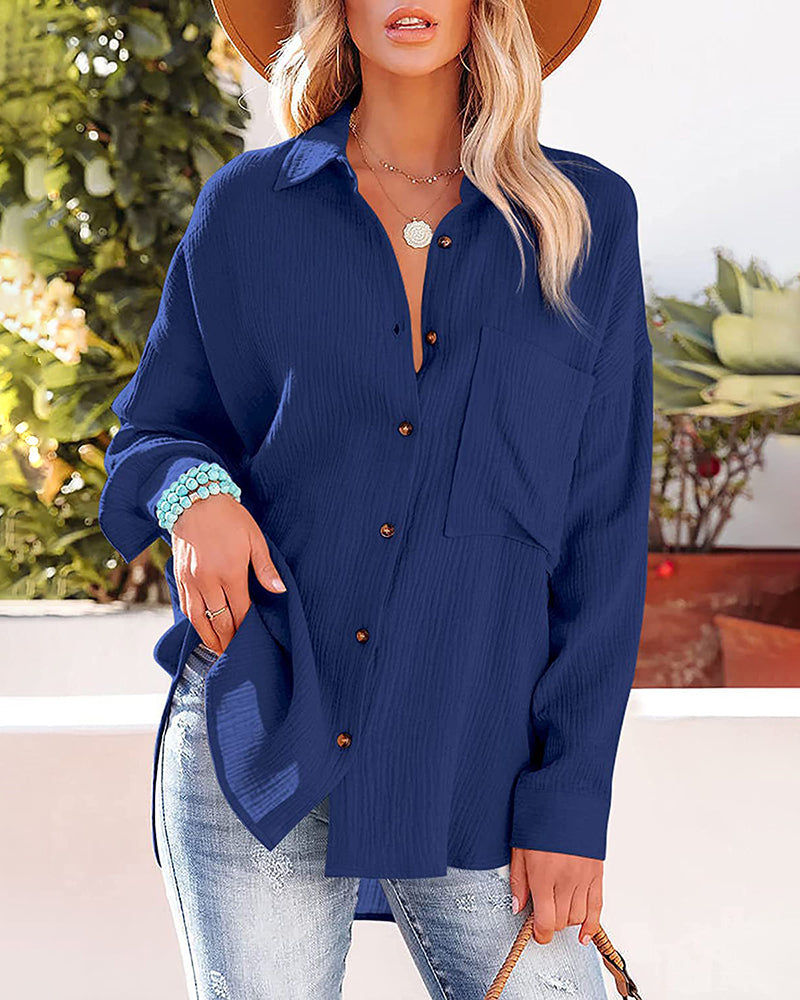 NTG Fad Blue / S(4-6) Crinkle Crepe Casual Top Button-Down Long Sleeve Shirt Loose Blouse with Pocket