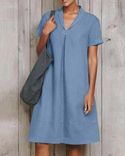 NTG Fad Blue / S Casual Short Sleeve Pure Linen Mini Dress