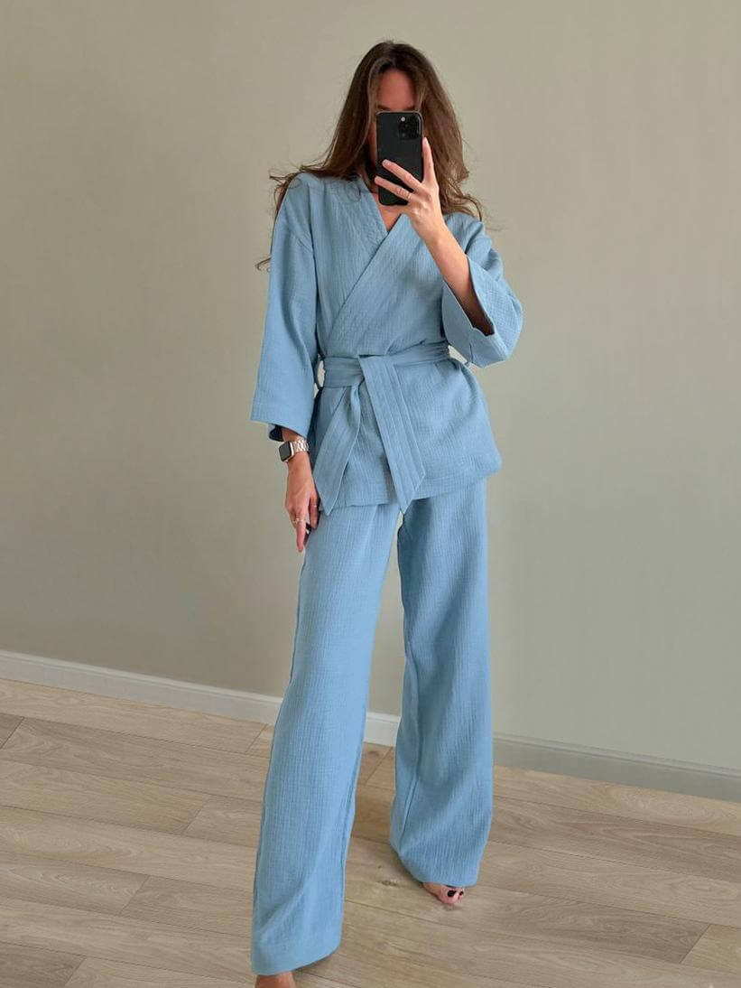 NTG Fad Blue / S Cotton Cardigan Tie Robe Pajama Set