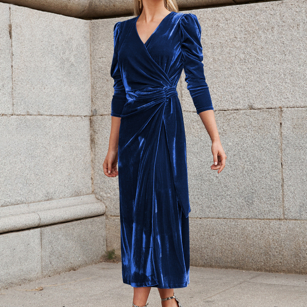 NTG Fad Blue / S Elegant long sleeve gold velvet maxi dress