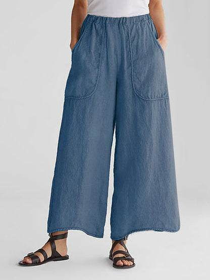 NTG Fad Blue / S Solid Color Cotton Linen Pocket Wide Leg Pants