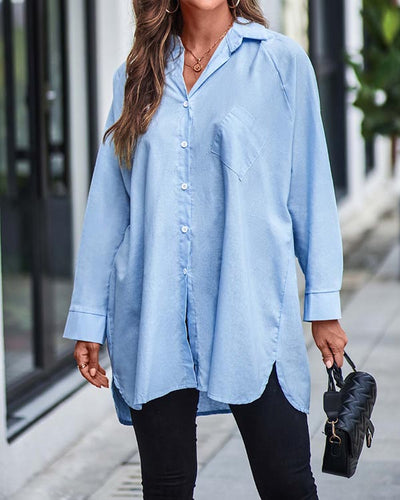 NTG Fad Blue / S Solid Color Long Sleeve Button Down Shirt Top