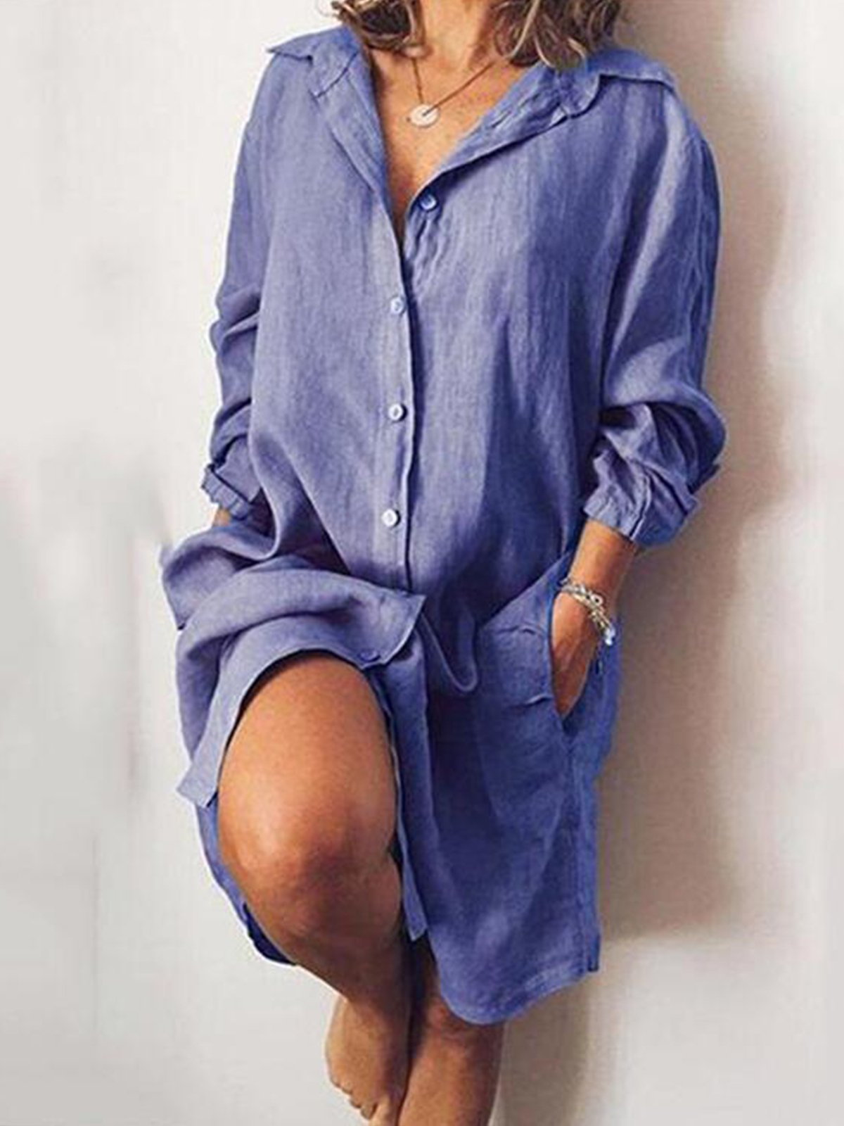 NTG Fad Blue / S Women's Casual Pure Color Cotton Shirt Dress