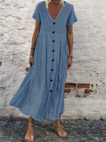 NTG Fad Blue / S Women's Casual Solid Color Button V-Neck Cotton Linen Dress