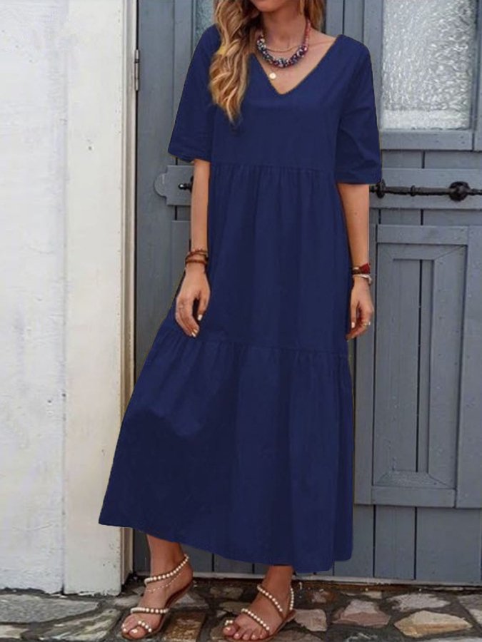 NTG Fad Blue / S Women's Casual Solid Gathered Panel V-Neck Dress