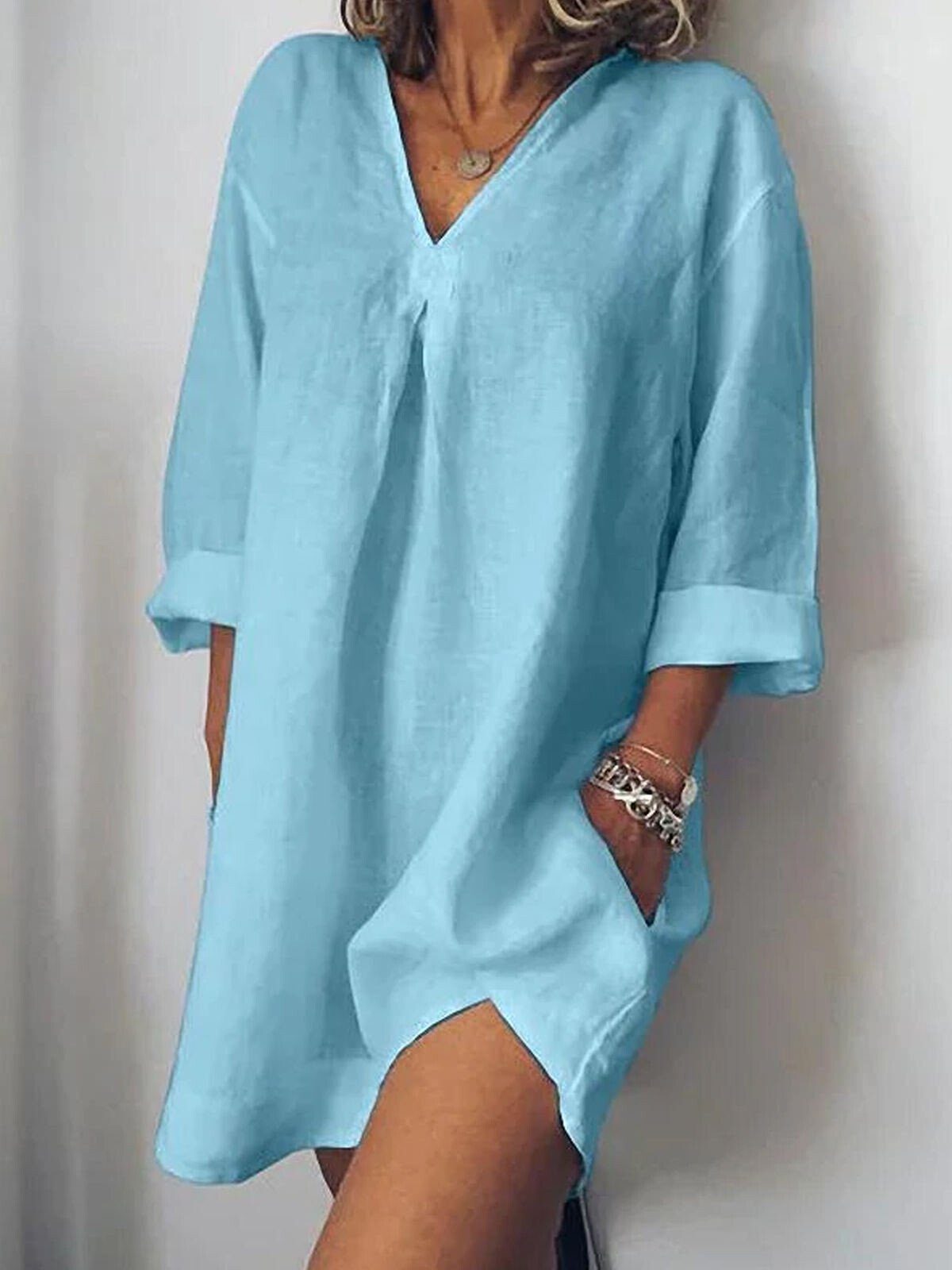 NTG Fad Blue / S Women's Pure Color V-Neck Linen Dress