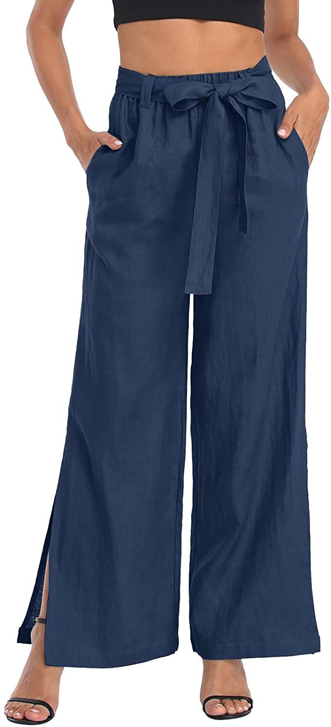 NTG Fad Blue / S Women's Resort Style Solid Color Bow Knot Split Cotton Linen Wide Leg Pants