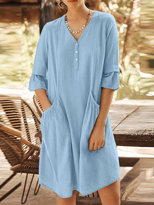 NTG Fad Blue / S Women's Simple Fashion V Neck Big Pocket Half Sleeve Midi Dress