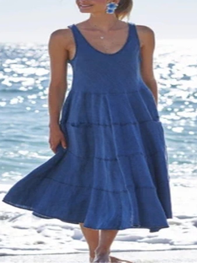 NTG Fad Blue / S Women's Solid Color Elegant Cotton Linen Dress