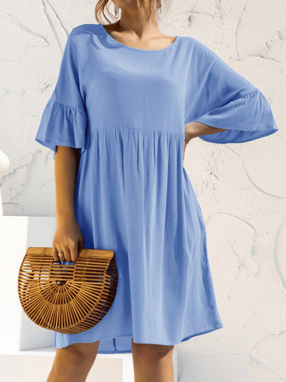 NTG Fad Blue / S Women's Solid Color Flared Sleeve Pleated Cotton Linen Dress