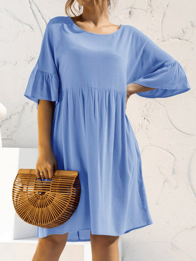 NTG Fad Blue / S Women's Solid Color Flared Sleeve Pleated Cotton Linen Dress