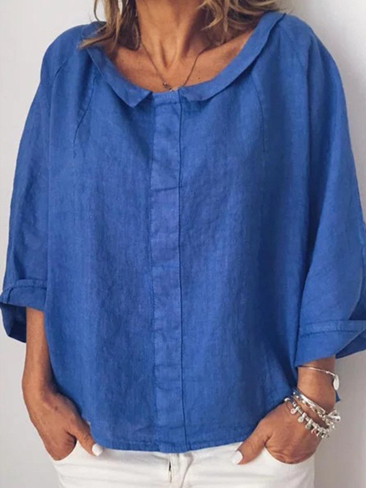 NTG Fad Blue / S Women's Solid Color Small Lapel Pullover Cotton Linen Shirt